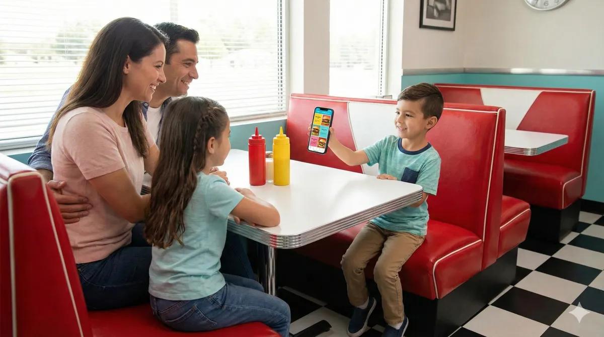 Family at restaurant with kid using digital menu