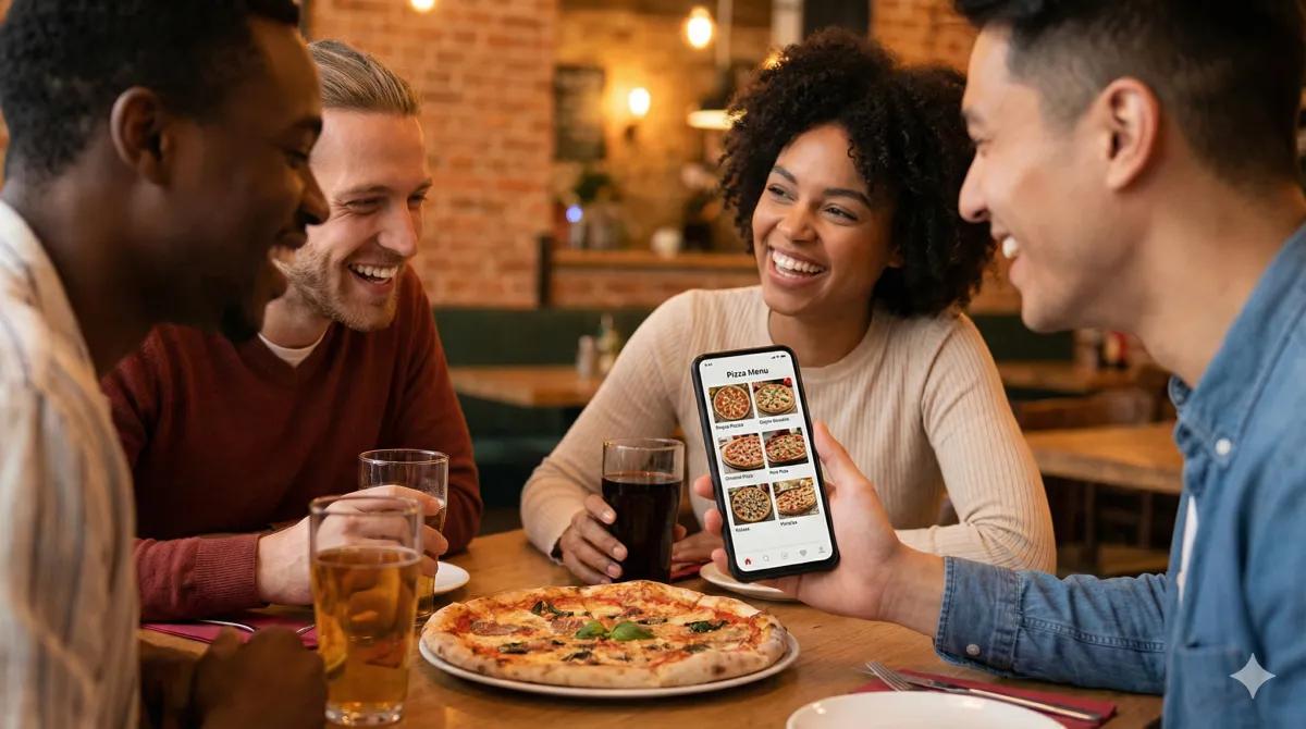 Friends smiling seeing digital menu on phone