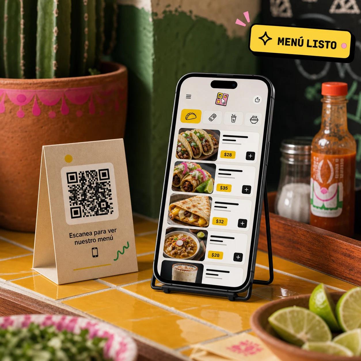 Menú digital QRapidito en celular junto a código QR