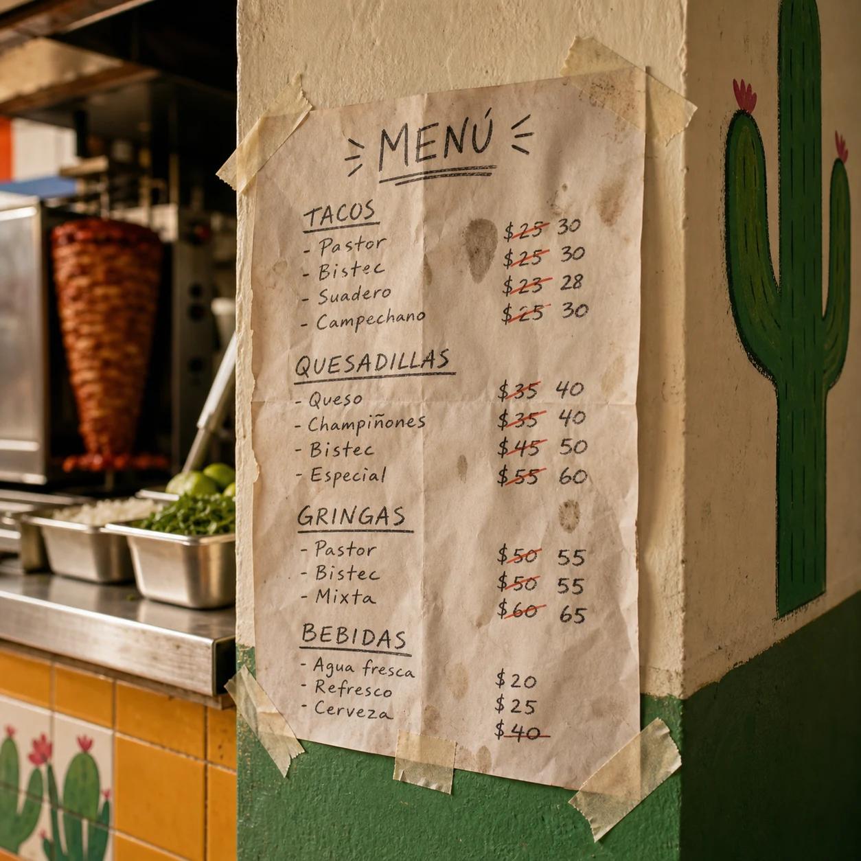 Menú de papel con cambios de precio en taquería