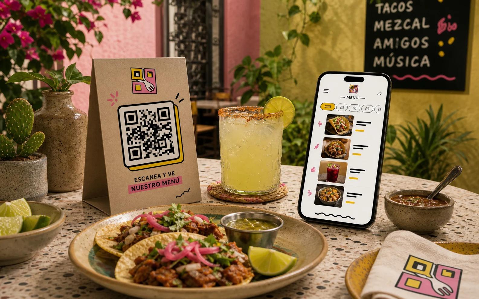 Mesa de restaurante mexicano con código QR de QRapidito y menú digital en celular