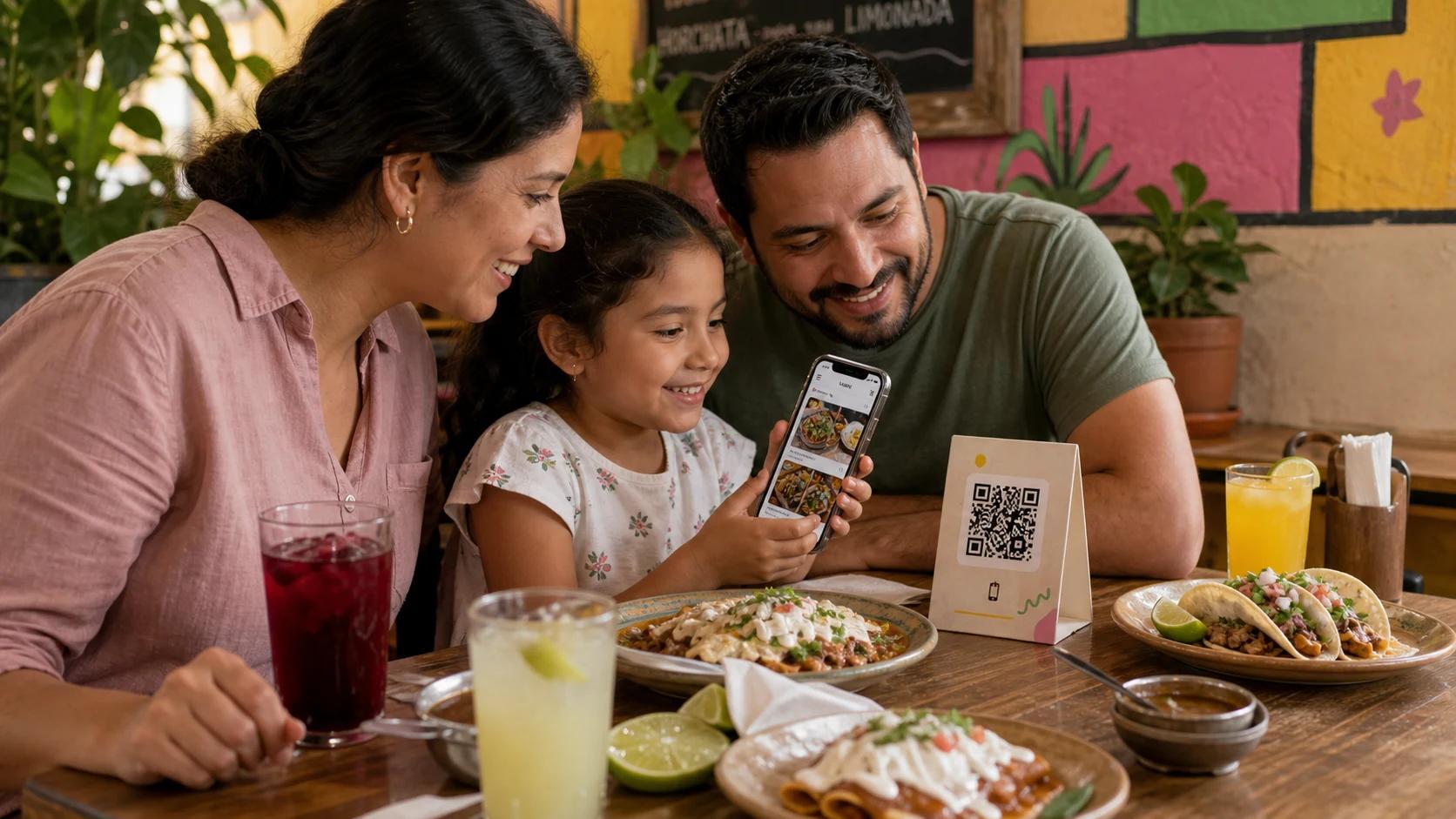 Familia usando menú QR en una mesa de restaurante