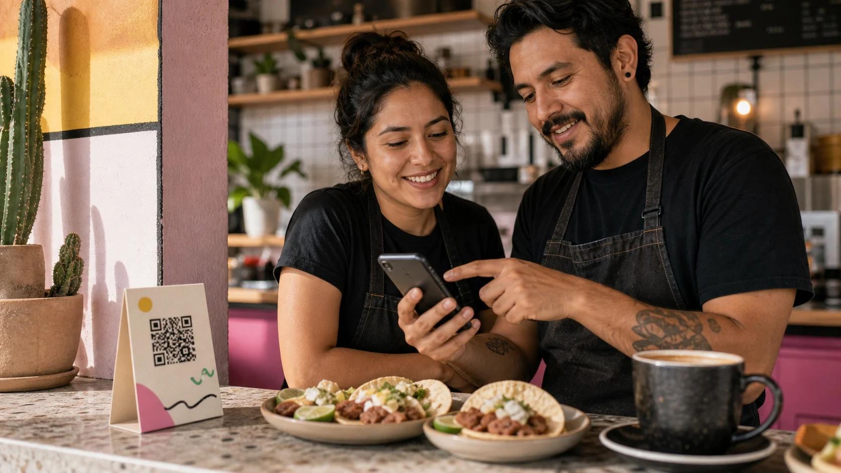 Dueños de restaurante revisando su menú digital en QRapidito